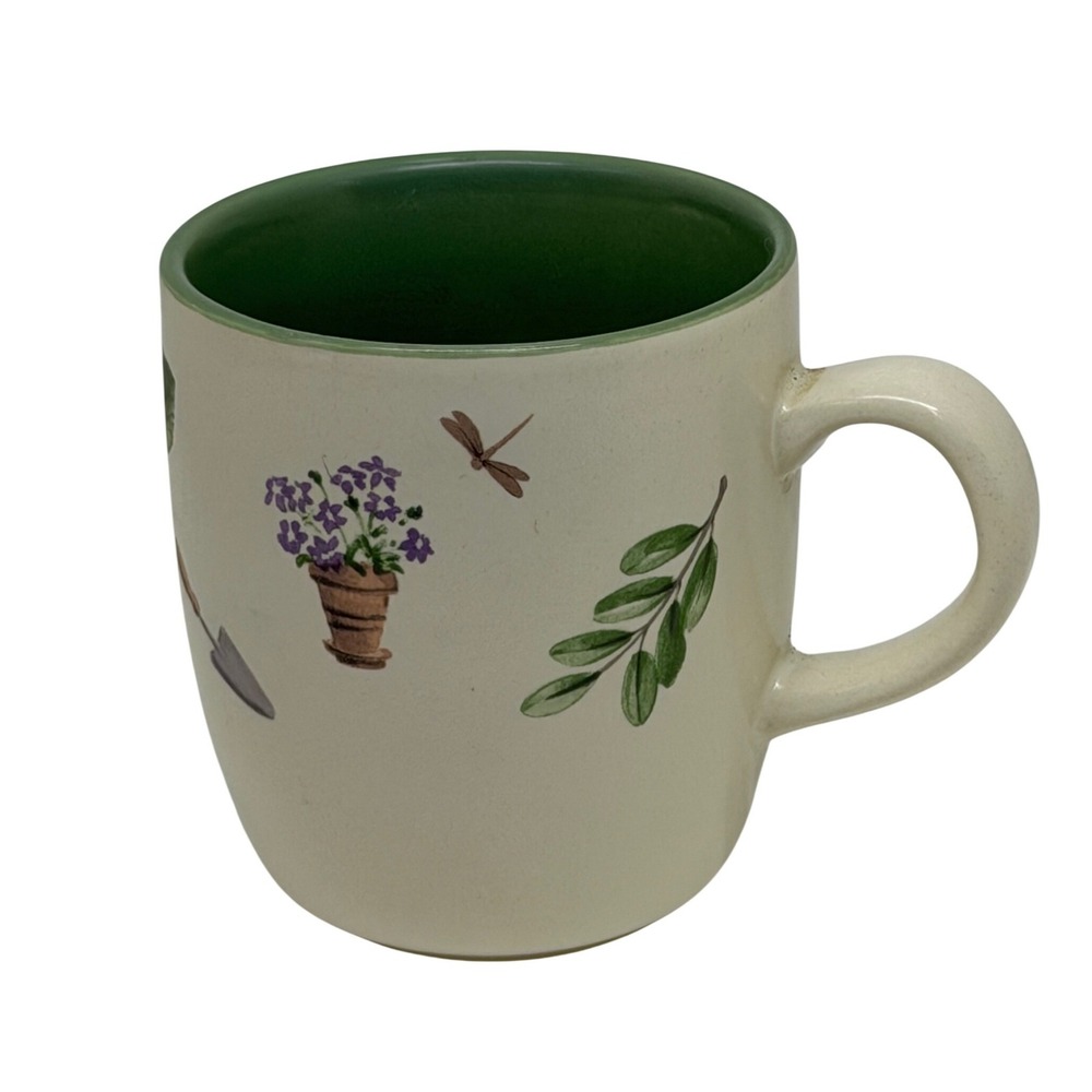 Pfaltzgraff Perennials Flower Garden Mug Cream Green Dragonfly‎ Floral Stoneware